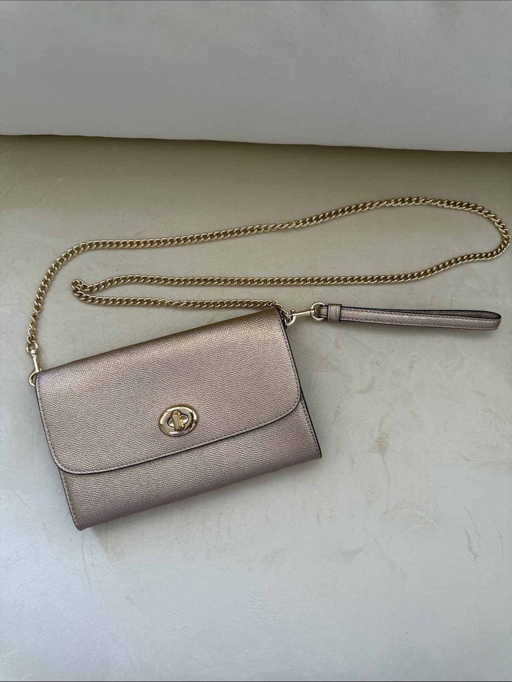 Coach Rose Gold Taupe Metallic Crossbody Wallet on Chain Clutch
